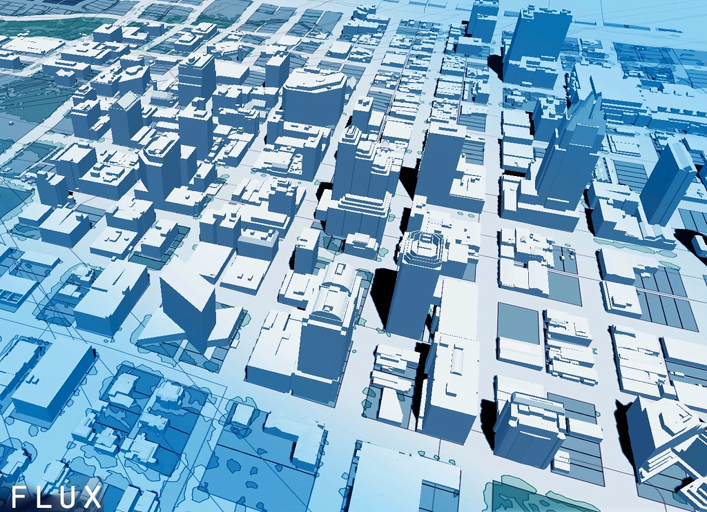 3D rendered city map with blue buildings in a grid